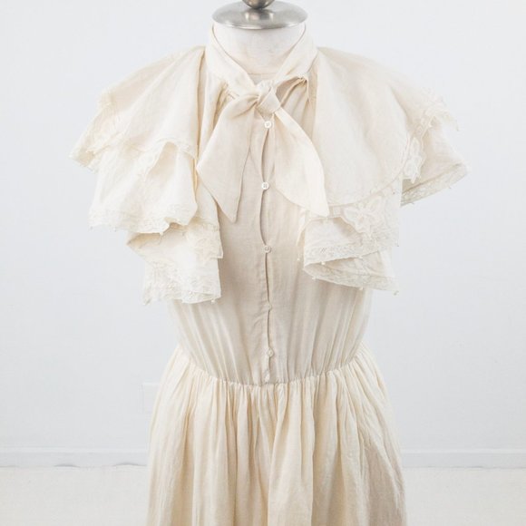 Vintage 80s Couture Lace Collar Prairie Midi Dress - Picture 3 of 11